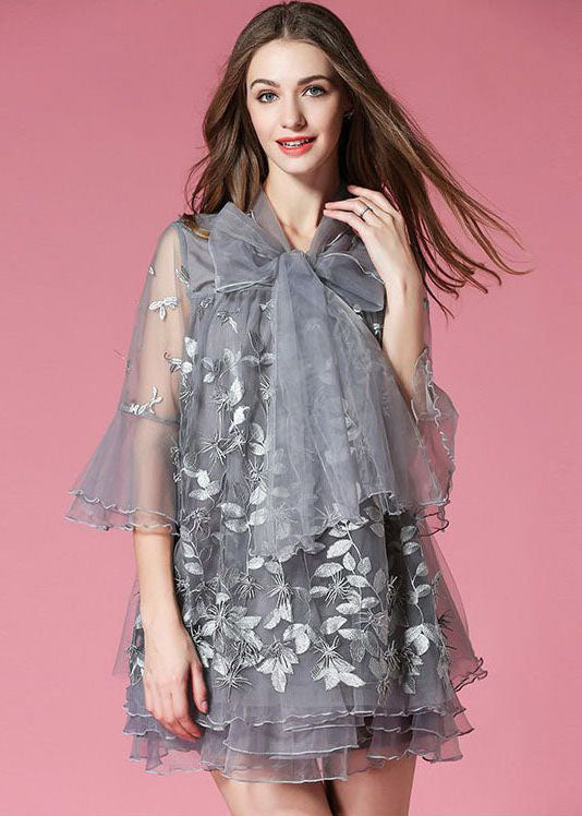 Women Grey Bow Embroideried Hollow Out Organza Dress Summer