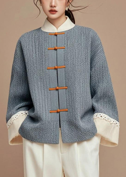 Women Grey Button Patchwork Cotton Coats Fall