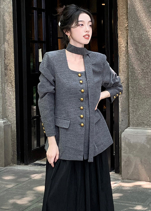 Women Grey Button Pockets Patchwork Cotton Coat Long Sleeve