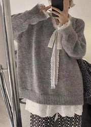 Women Grey Cozy Lace Patchwork Knit Sweater Winter