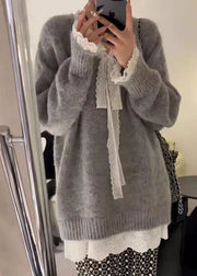 Women Grey Cozy Lace Patchwork Knit Sweater Winter