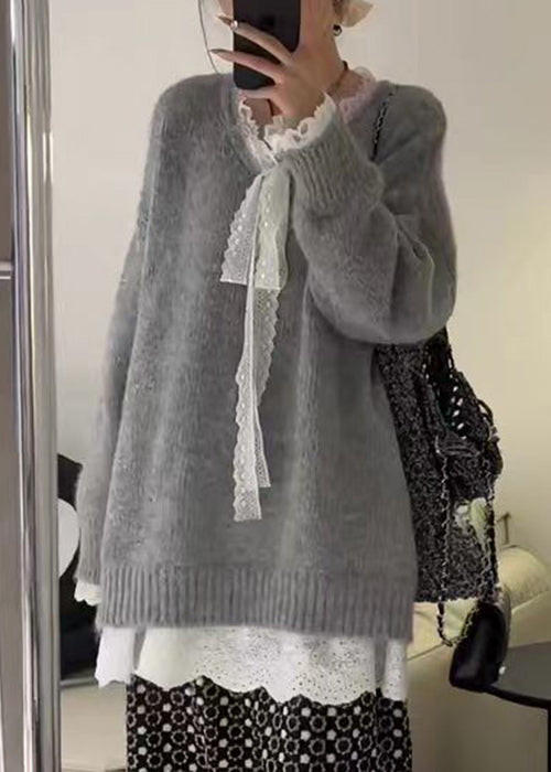 Women Grey Cozy Lace Patchwork Knit Sweater Winter