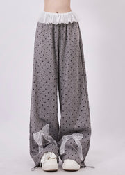 Women Grey Dot Bow Lace Patchwork Cotton Wide Leg Pants Spring