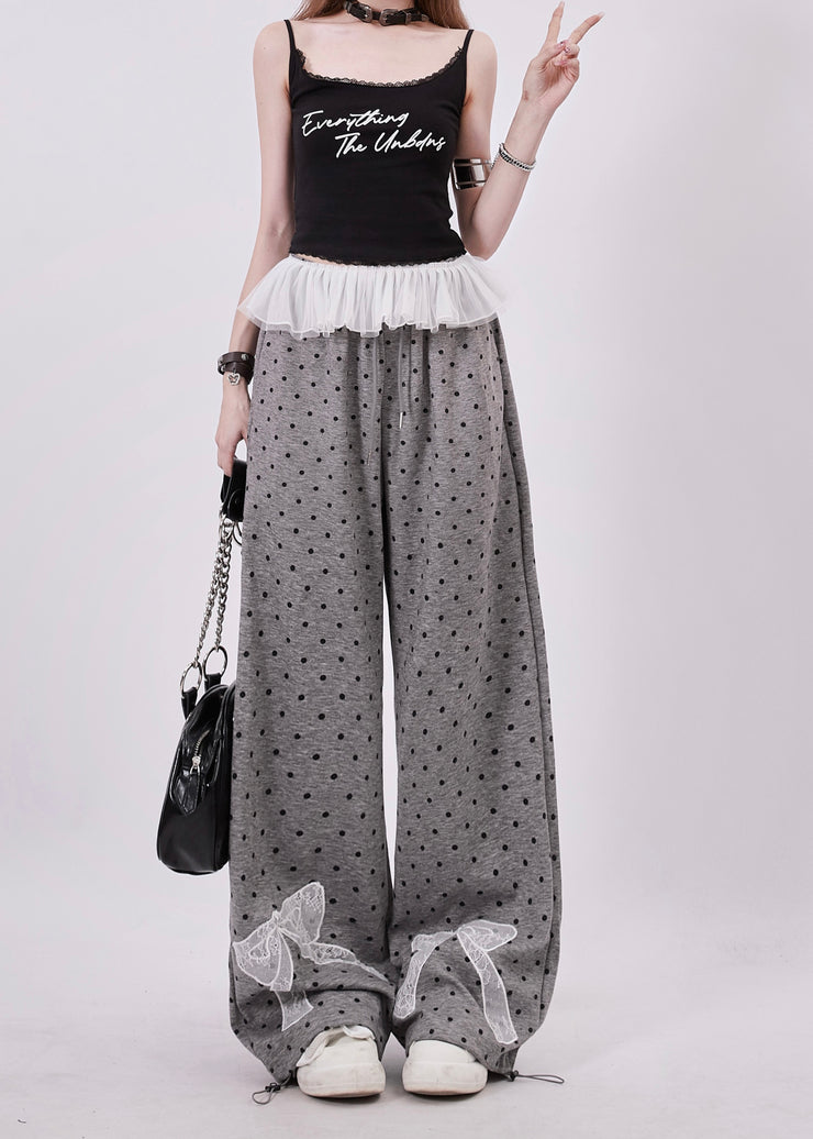 Women Grey Dot Bow Lace Patchwork Cotton Wide Leg Pants Spring