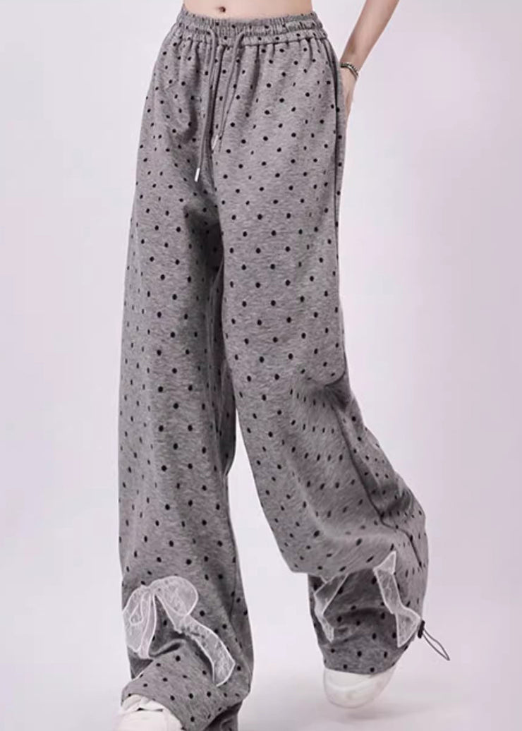 Women Grey Dot Bow Lace Patchwork Cotton Wide Leg Pants Spring