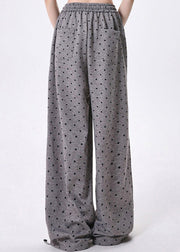 Women Grey Dot Bow Lace Patchwork Cotton Wide Leg Pants Spring