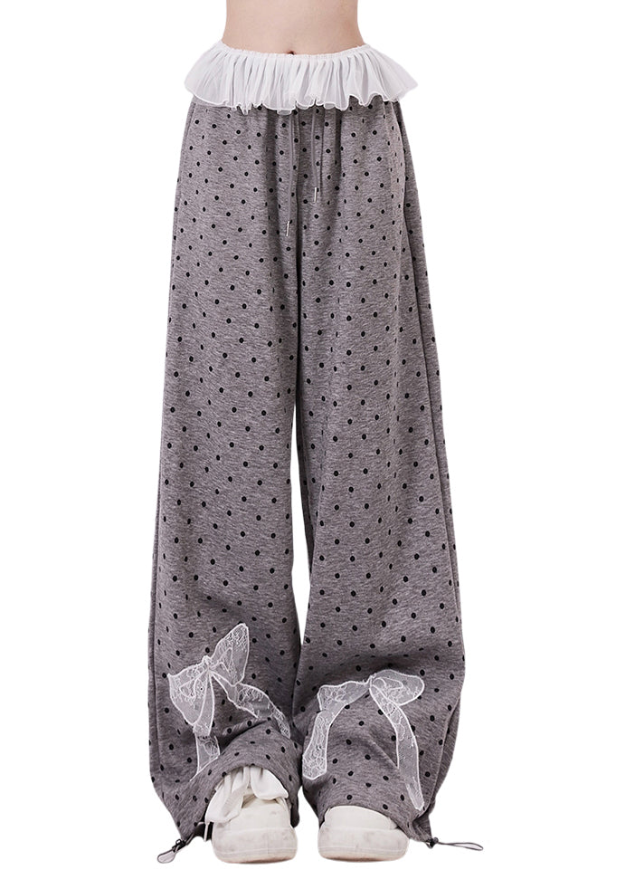 Women Grey Dot Bow Lace Patchwork Cotton Wide Leg Pants Spring