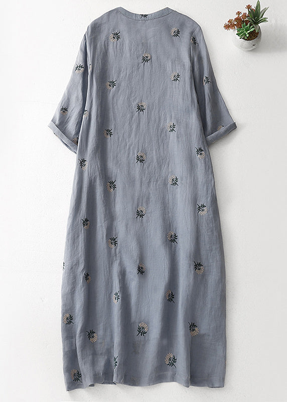 Women Grey Embroidered Button Cotton Dresses Half Sleeve
