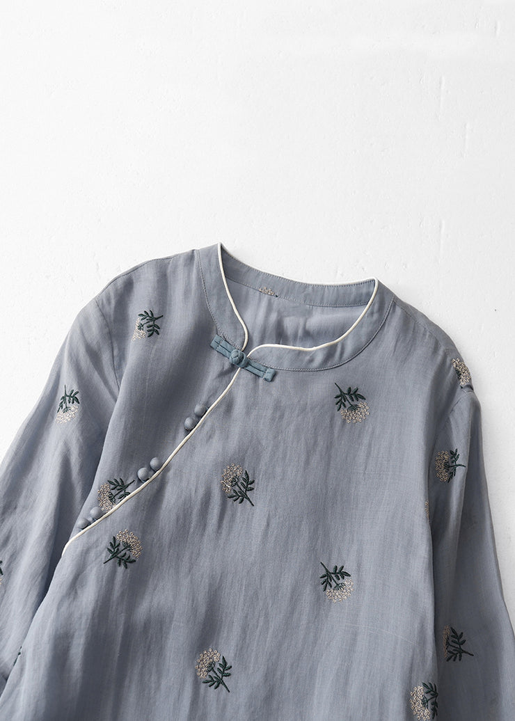 Women Grey Embroidered Button Cotton Dresses Half Sleeve