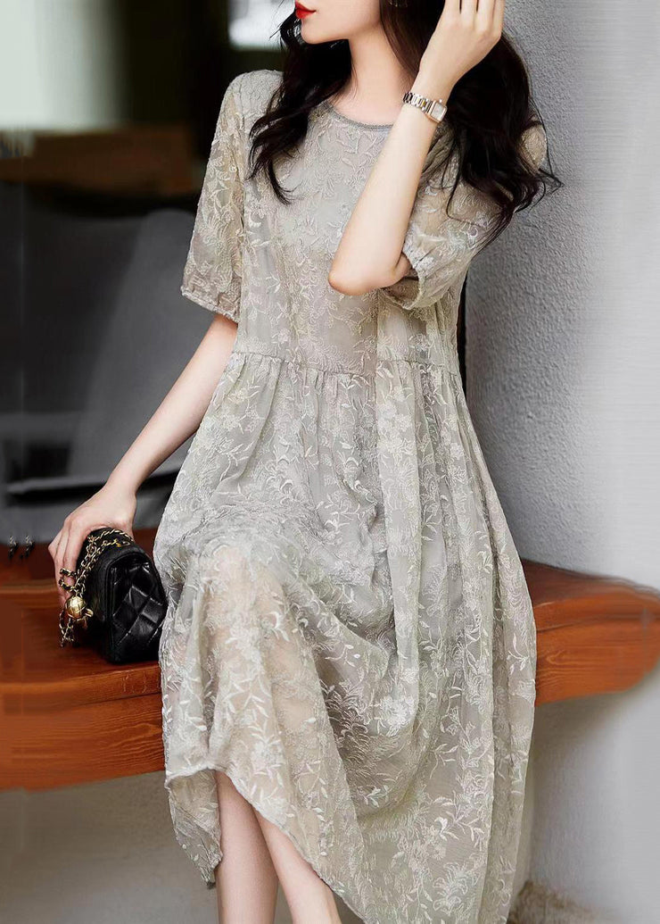 Women Grey Embroidered Wrinkled Patchwork Lace Dresses Summer