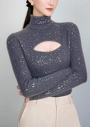 Women Grey Hign Neck Hollow Out Knit Sweater Spring