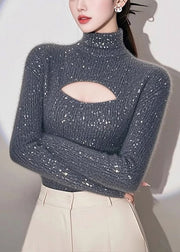 Women Grey Hign Neck Hollow Out Knit Sweater Spring