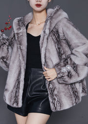 Women Grey Hooded Pockets Mink Velvet Coats Winter