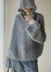 Women Grey Hooded Solid Cotton Knit Sweaters Spring