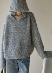 Women Grey Hooded Solid Cotton Knit Sweaters Spring