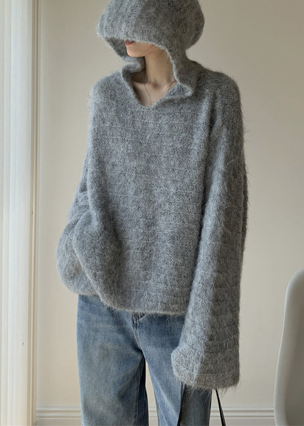 Women Grey Hooded Solid Cotton Knit Sweaters Winter