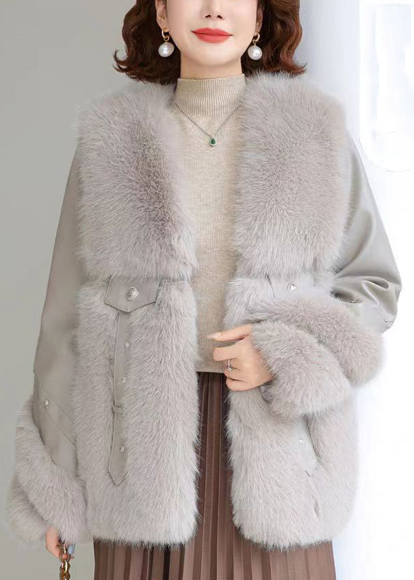 Women Grey Nail Bead Patchwork Mink Velvet Coats Winter