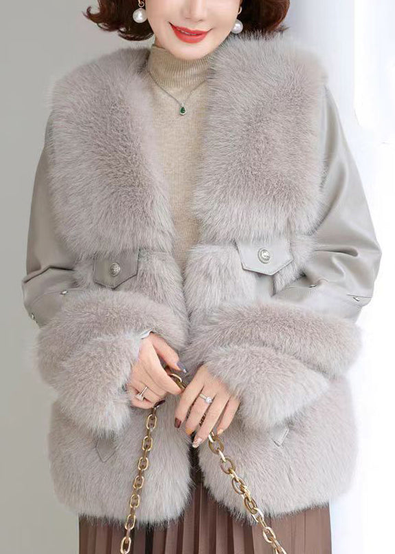 Women Grey Nail Bead Patchwork Mink Velvet Coats Winter