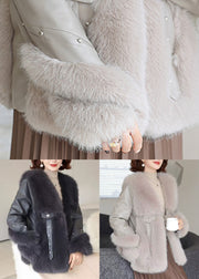 Women Grey Nail Bead Patchwork Mink Velvet Coats Winter