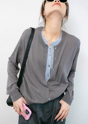 Women Grey O Neck Button Cotton Knit Coats Long Sleeve