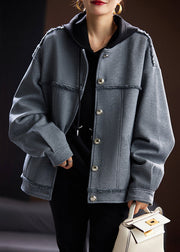 Women Grey O Neck Button Patchwork Cotton Coat Spring