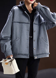 Women Grey O Neck Button Patchwork Cotton Coat Spring