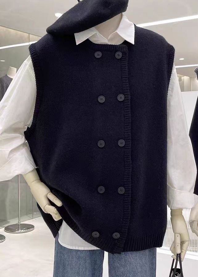 Women Grey O Neck Double Breast Patchwork Knit Vest Sleeveless