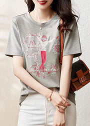 Women Grey O Neck Embroidered Patchwork Cotton T Shirt Summer