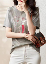 Women Grey O Neck Embroidered Patchwork Cotton T Shirt Summer