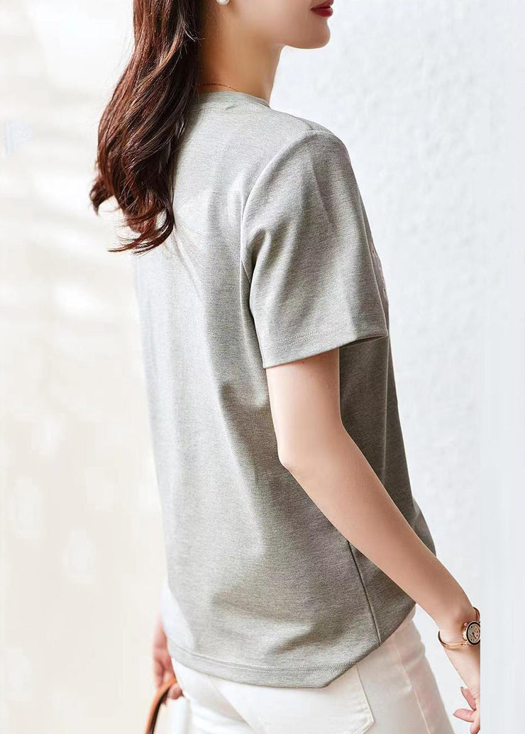 Women Grey O Neck Embroidered Patchwork Cotton T Shirt Summer