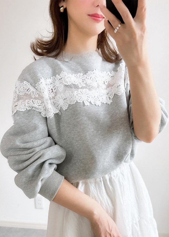 Women Grey O Neck Lace Patchwork Cotton Sweatshirts Fall