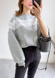 Women Grey O Neck Lace Patchwork Cotton Sweatshirts Spring