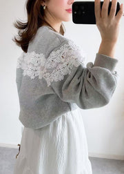 Women Grey O Neck Lace Patchwork Cotton Sweatshirts Fall