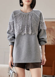 Women Grey O Neck Lace Patchwork Cotton Sweatshirts Spring