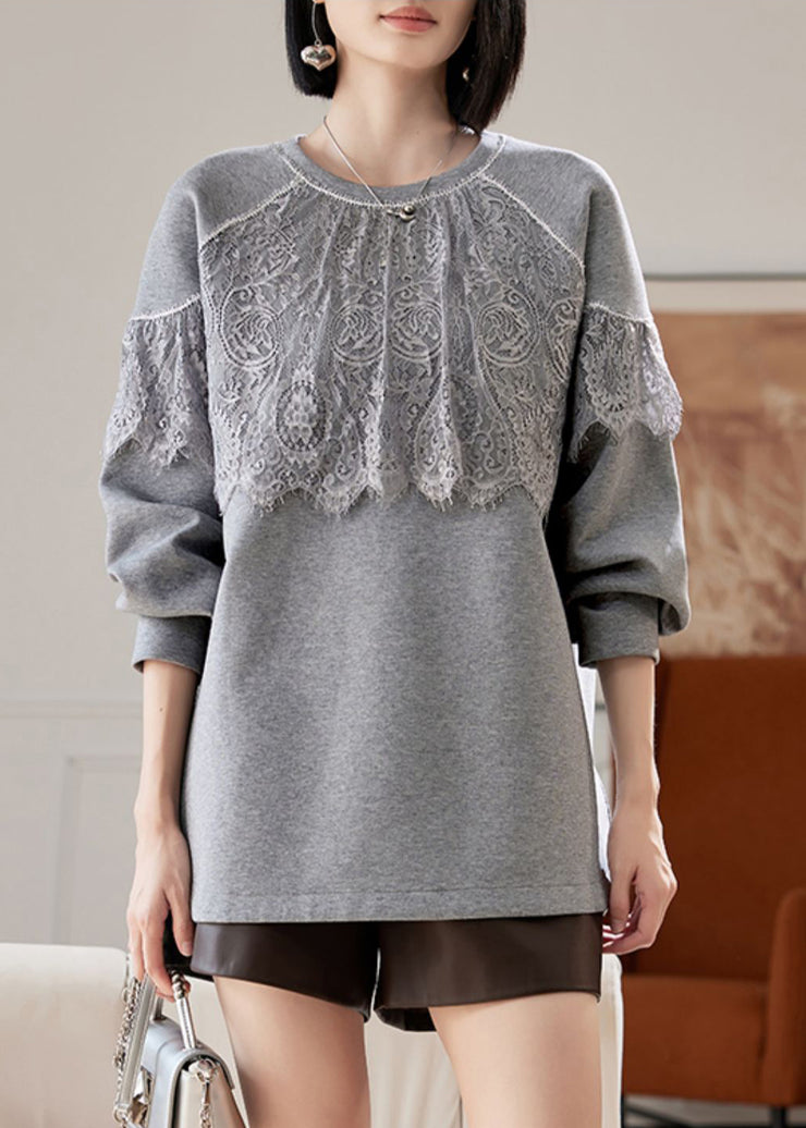 Women Grey O Neck Lace Patchwork Cotton Sweatshirts Spring