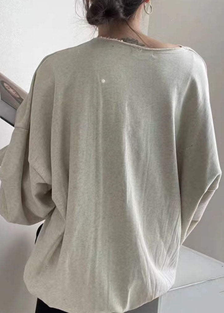 Women Grey O Neck Patchwork Cotton Top Lantern Sleeve