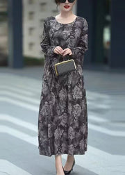 Women Grey O Neck Print Cotton Long Dress Fall