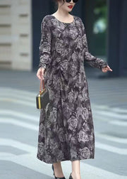 Women Grey O Neck Print Cotton Long Dress Fall