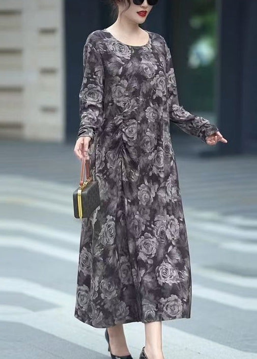 Women Grey O Neck Print Cotton Long Dress Fall