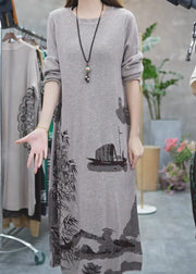 Women Grey O Neck Print Knit Sweater Dress Winter