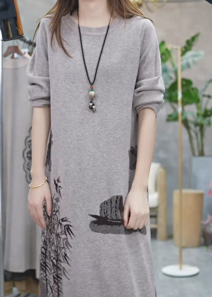 Women Grey O Neck Print Knit Sweater Dress Winter