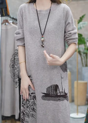 Women Grey O Neck Print Knit Sweater Dress Winter