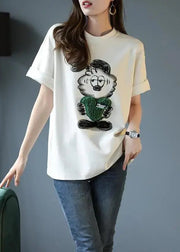 Women Grey O Neck Print Patchwork Cotton T Shirt Summer