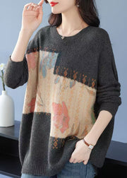 Women Grey O Neck Print Zircon Woolen Knit Sweaters Spring