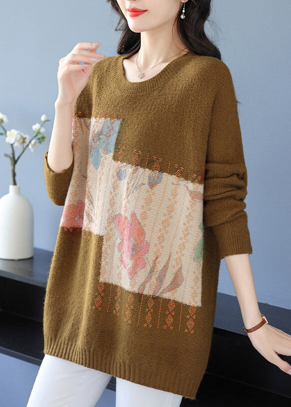 Women Grey O Neck Print Zircon Woolen Knit Sweaters Spring