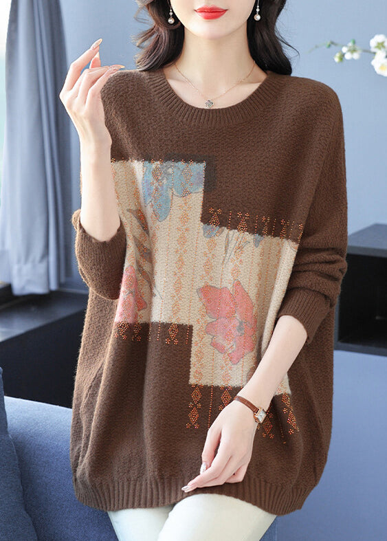 Women Grey O Neck Print Zircon Woolen Knit Sweaters Spring