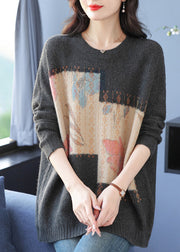 Women Grey O Neck Print Zircon Woolen Knit Sweaters Spring