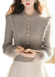 Women Grey O Neck Ruffled Patchwork Knit Top Spring