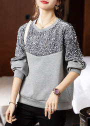 Women Grey O Neck Sequins Patchwork Cotton Sweatshirt Fall