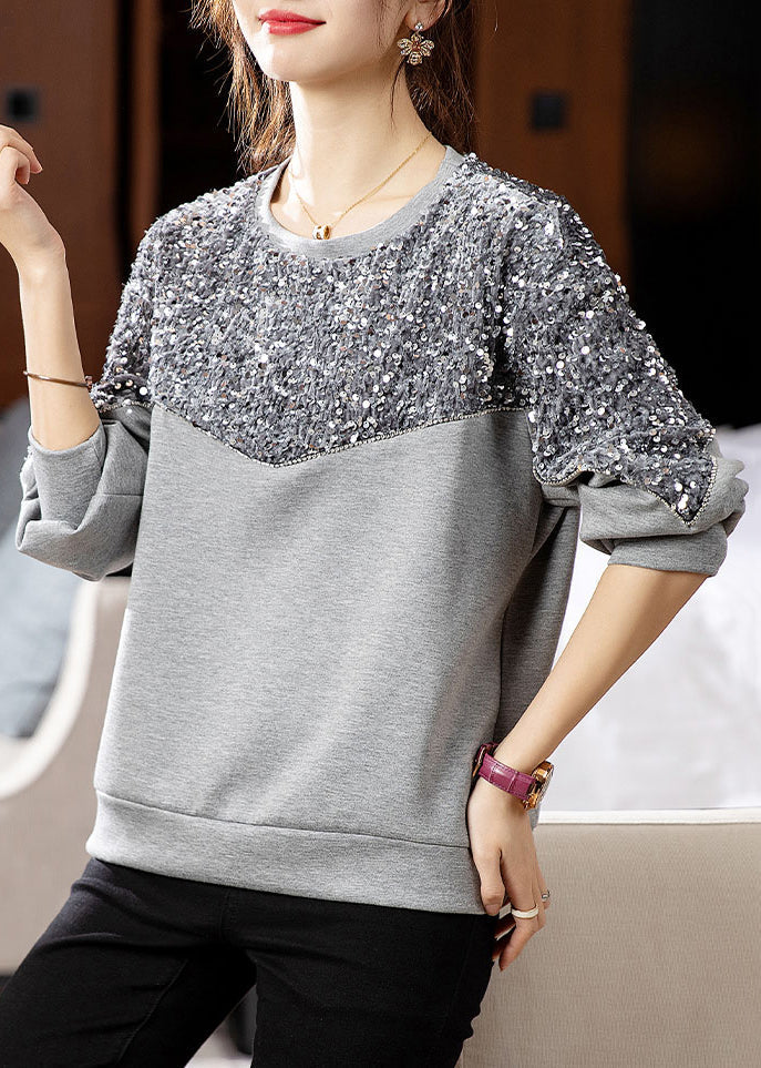 Women Grey O Neck Sequins Patchwork Cotton Sweatshirt Fall